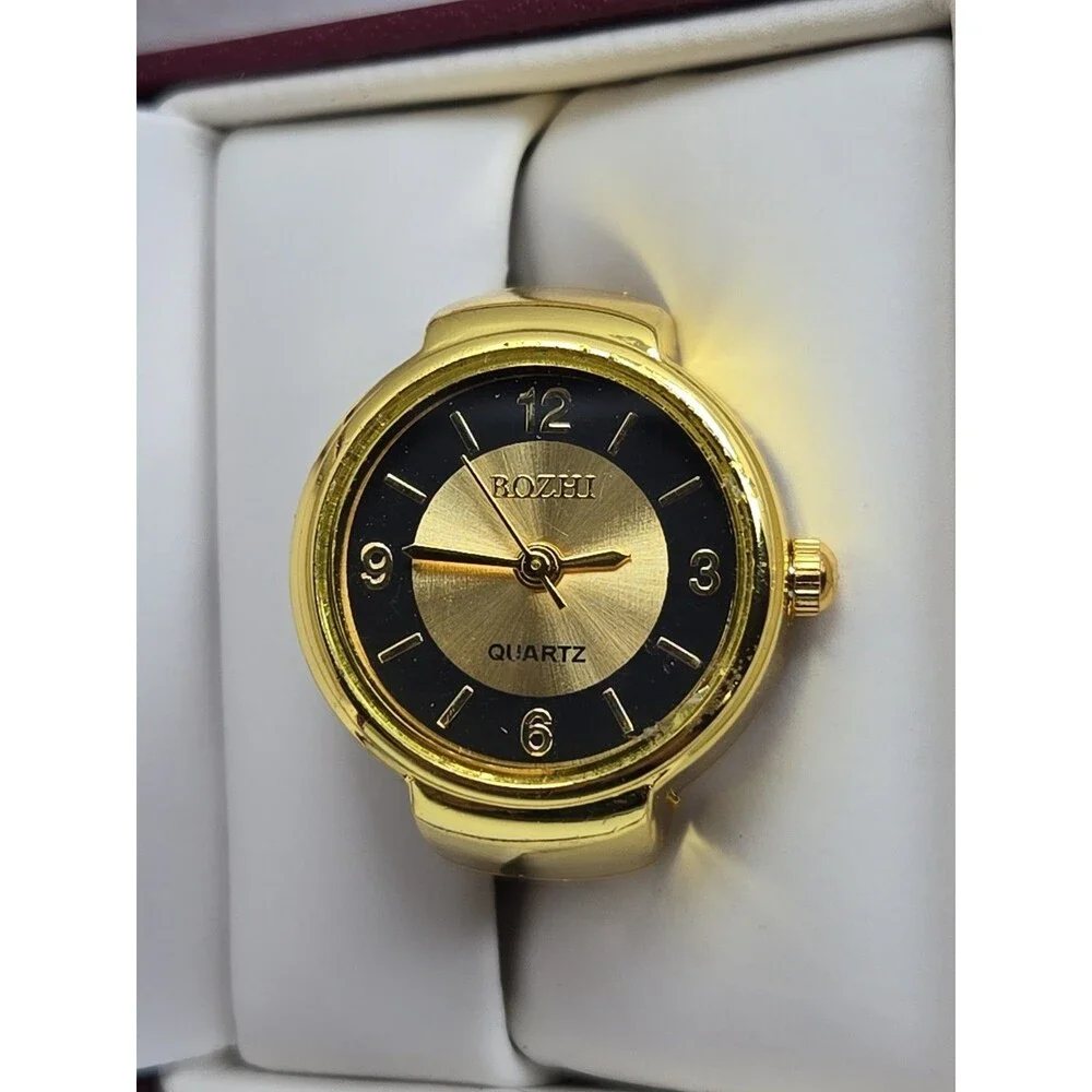 Bozhi Gold Tone Quartz Ring Watch Black Dial Adjustable Finger Retro New Battery